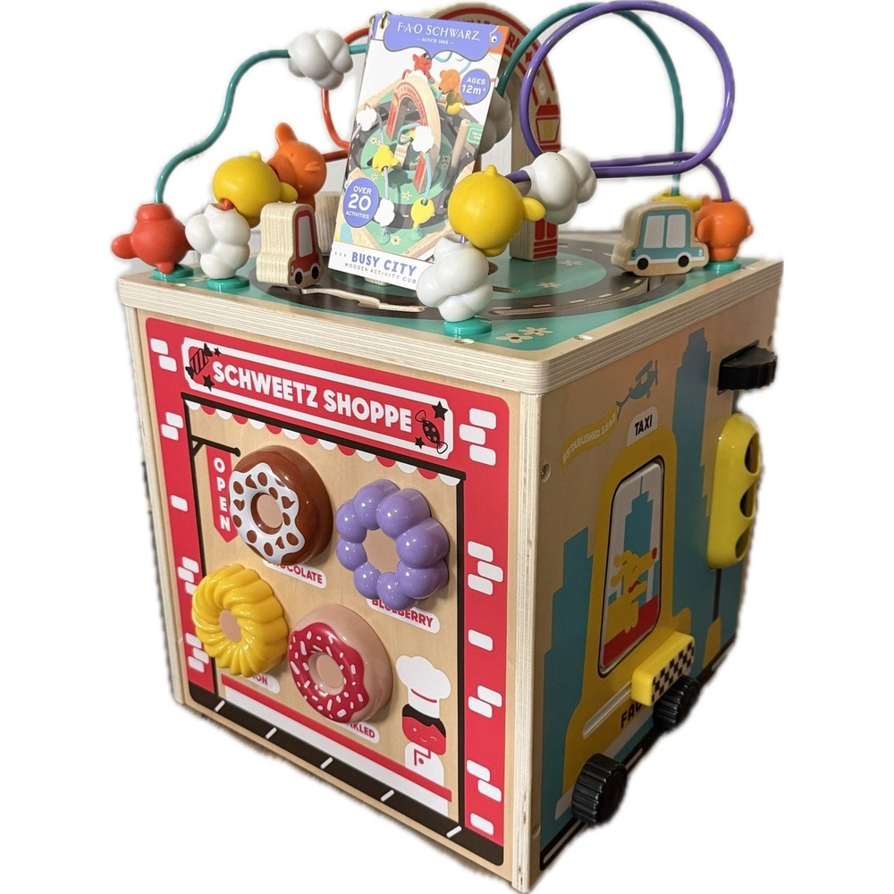 FAO Schwarz Busy City Wooden Activity Cube Multi-Sided Pretend Play Toy 2023